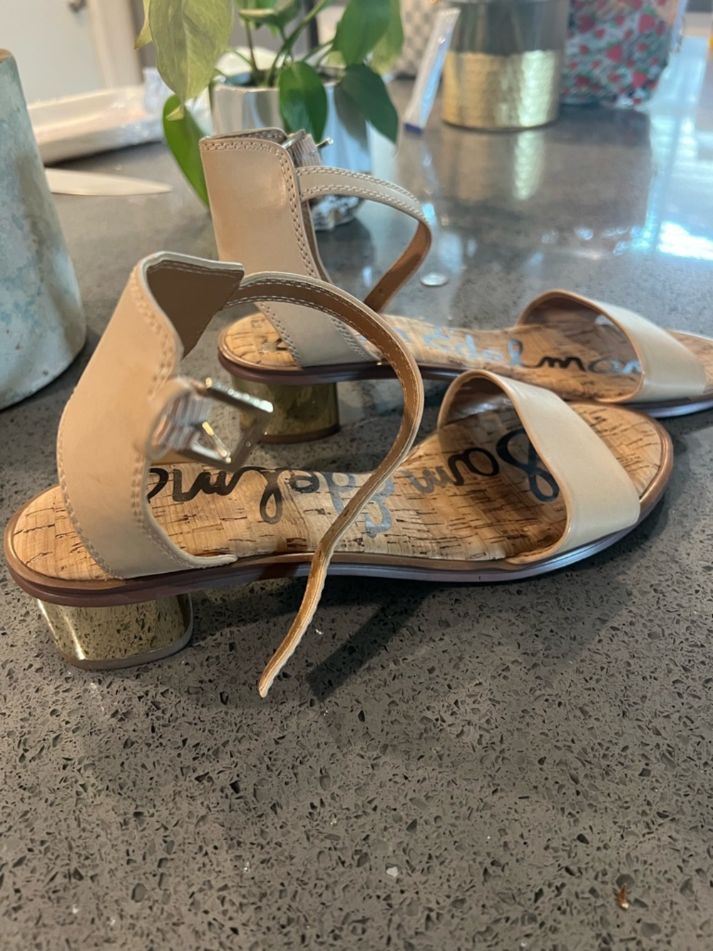 Sam Edelman Beige Leather Open-Toe Sandals with Gold Block Heel